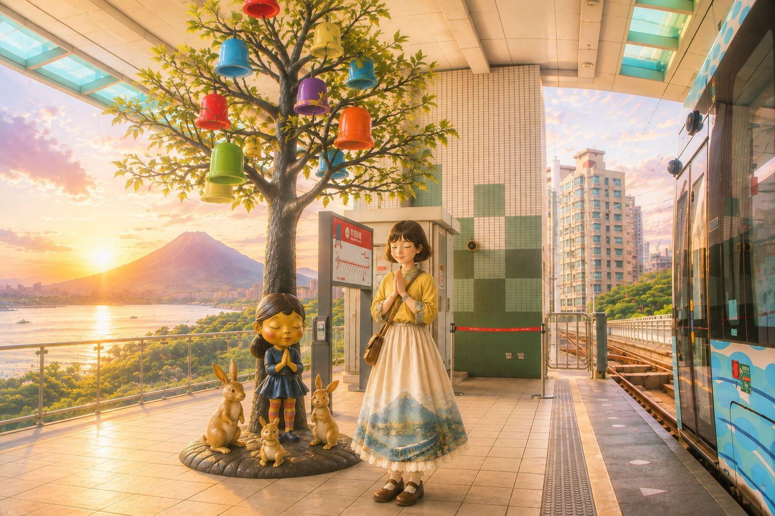 淡海輕軌車站的夕陽場景，人物與公共藝術角色站在許願樹下