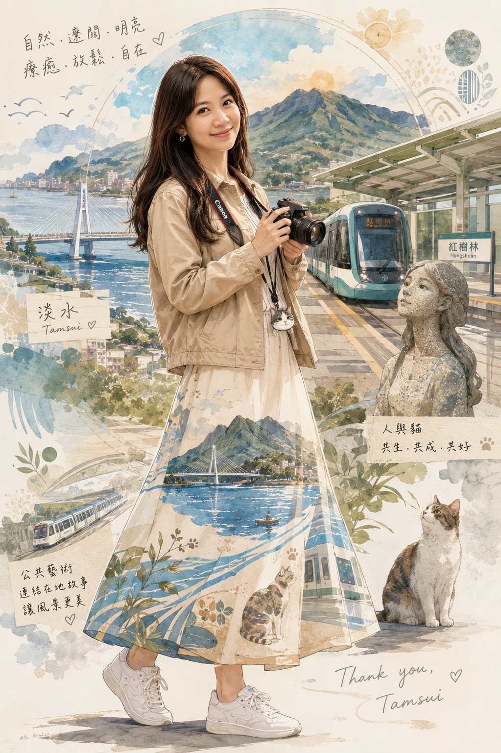 Vicky 拿著相機站在紅樹林站，服裝融入觀音山、淡水河、淡江大橋、淡海輕軌與貓咪圖像