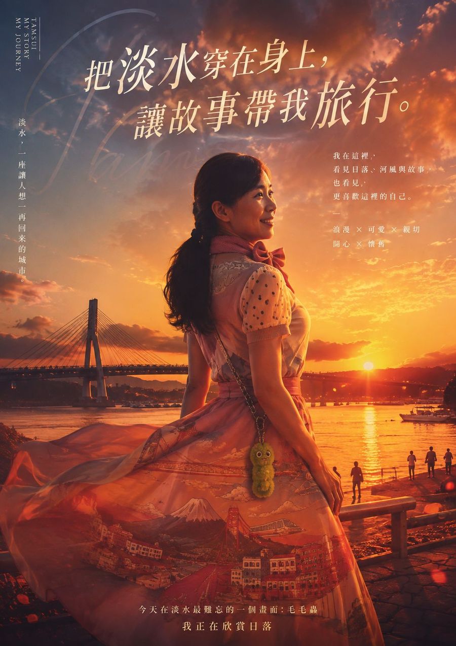 電影海報樣式，同一位女子站在淡水河岸看夕陽，標題是把淡水穿在身上，讓故事帶我旅行