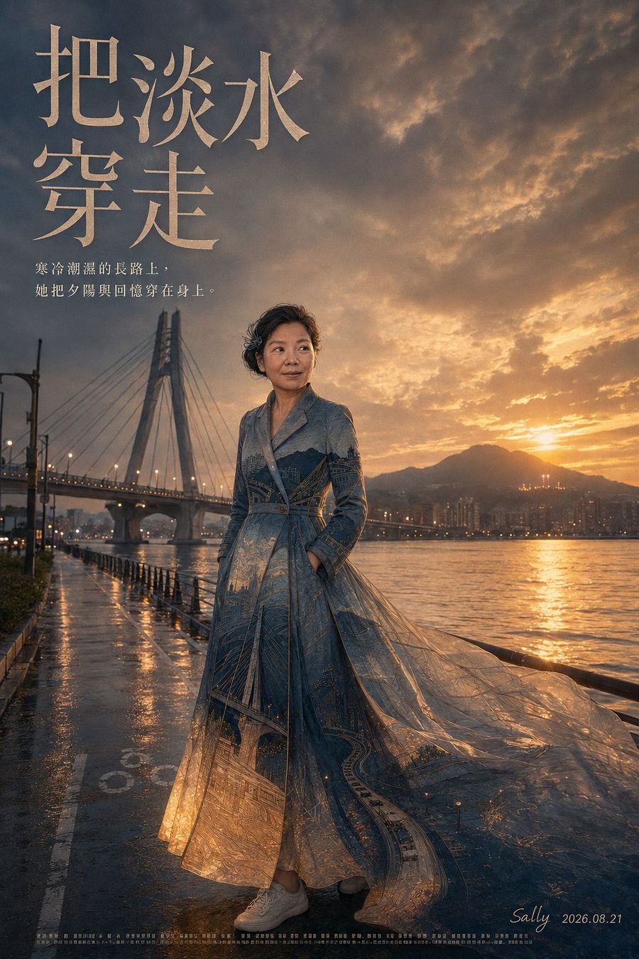 電影海報樣式，標題把淡水穿走，同一位女子走在雨後的河岸長路上，天空是橘藍色的晚霞