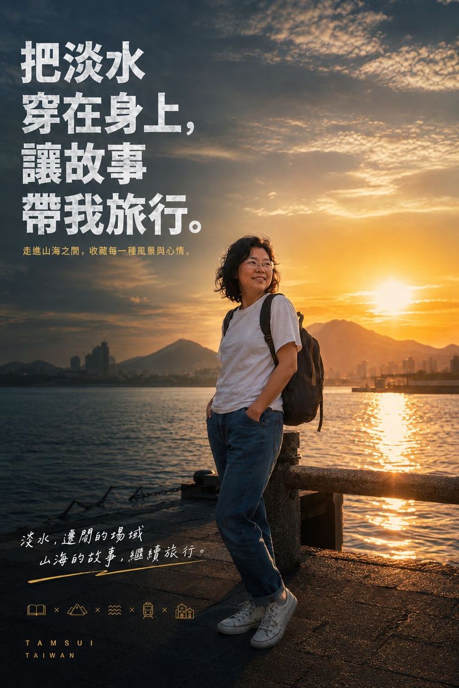電影海報樣式，女子背著背包站在河堤邊看夕陽，標題是把淡水穿在身上，讓故事帶我旅行