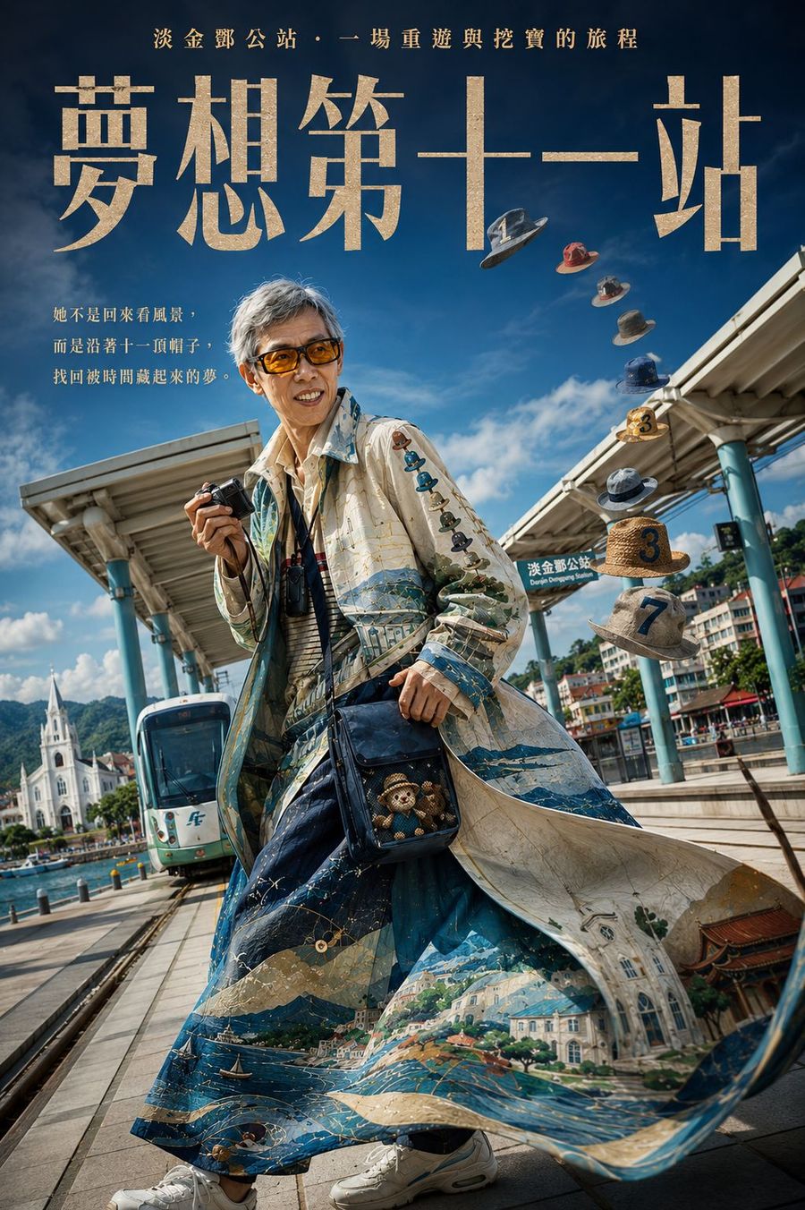 電影海報樣式，標題夢想第十一站，同一位長者站在淡金鄧公站前，天空飄著十一頂帽子
