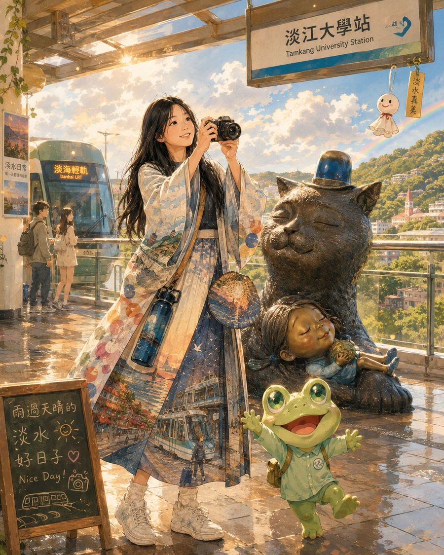 女子在淡江大學站舉起相機拍照，旁邊是戴警帽的大貓公共藝術與青蛙玩偶，地上有雨後的水光