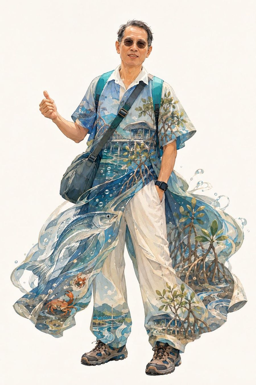 戴墨鏡的男子比出大拇指，衣服上是紅樹林、招潮蟹與水筆仔的圖案