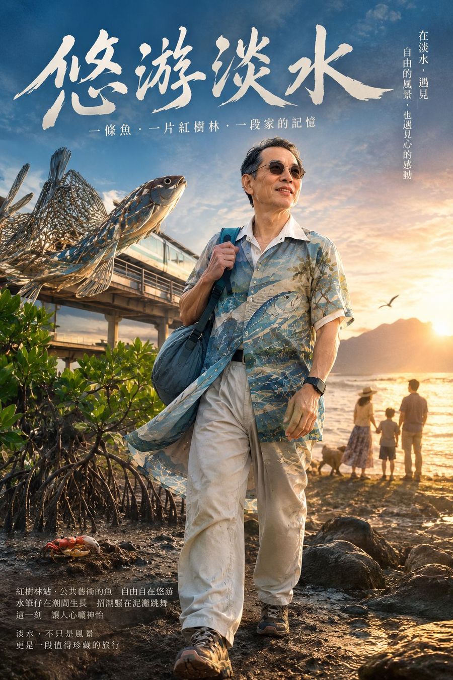 電影海報樣式，標題悠游淡水，男子走在紅樹林旁的沙灘，天空有一條大魚游過