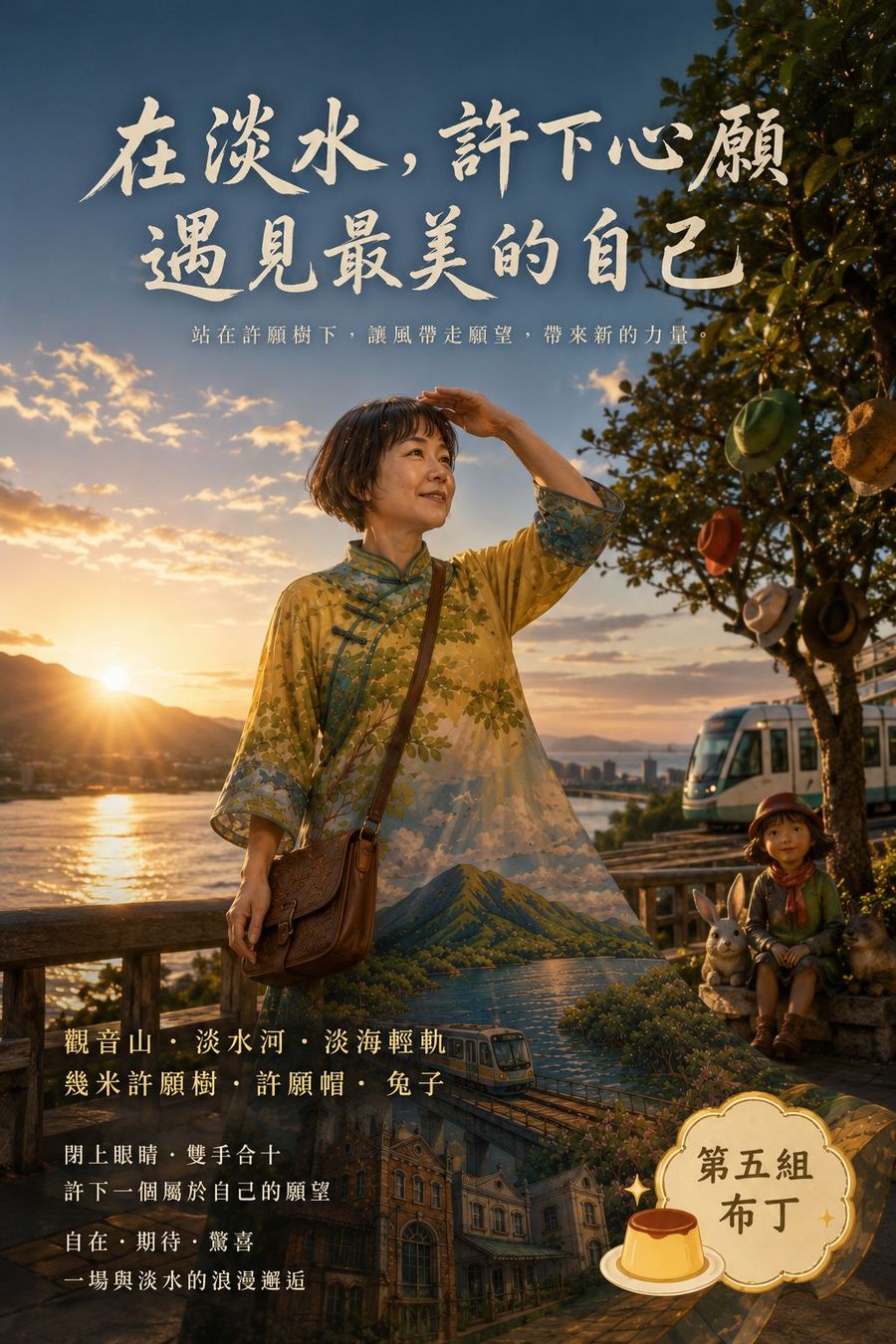 電影海報樣式，標題在淡水許下心願遇見最美的自己，女子站在掛滿帽子的許願樹旁