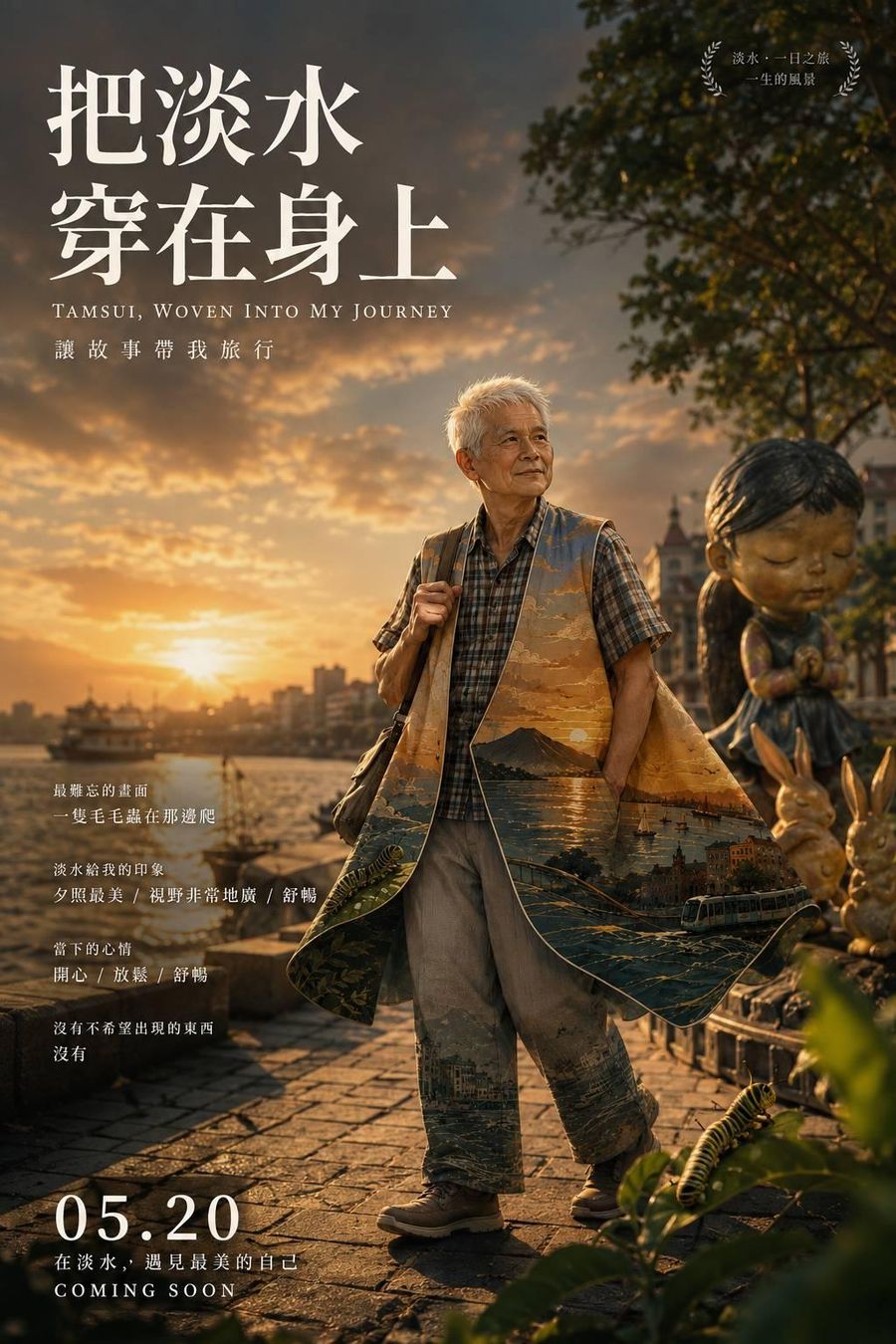 電影海報樣式，長者走在河岸石板路上，旁邊是雙手合十的小女孩銅雕