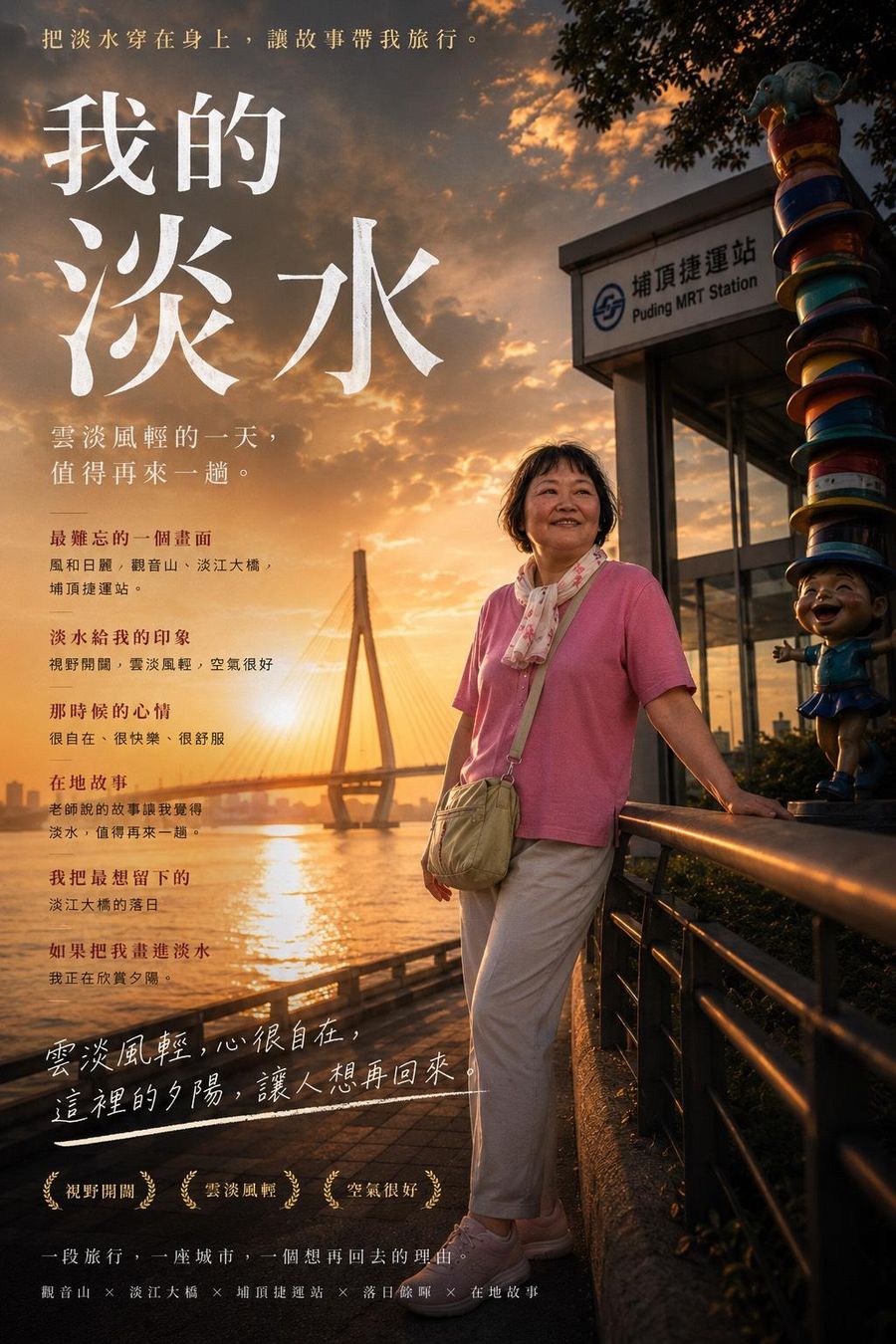 電影海報樣式，女子站在崁頂捷運站前，旁邊是堆疊帽子的公共藝術與夕陽下的淡江大橋