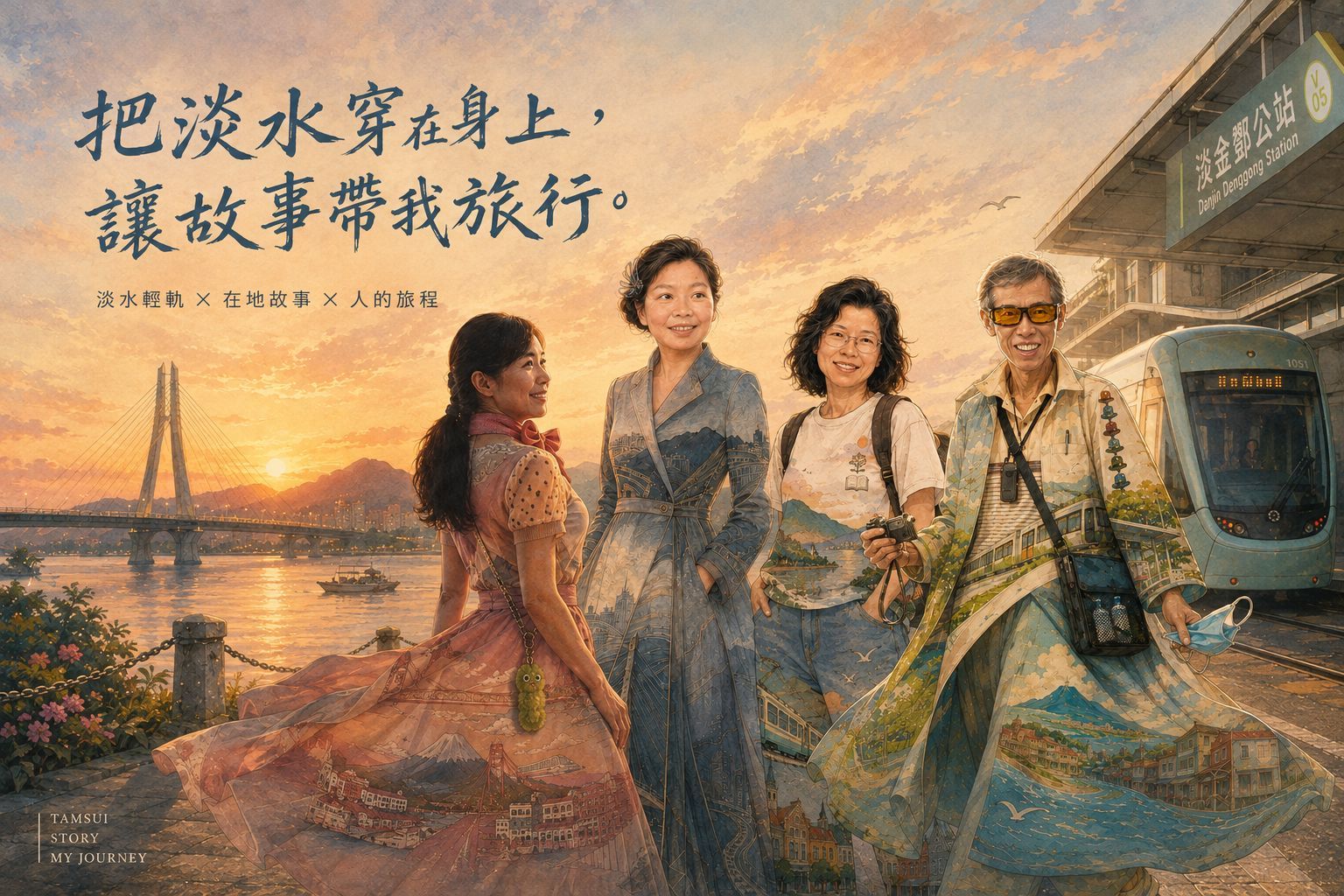 四位學員穿著融合淡水風景的服裝，身後有淡江大橋、淡海輕軌與夕陽