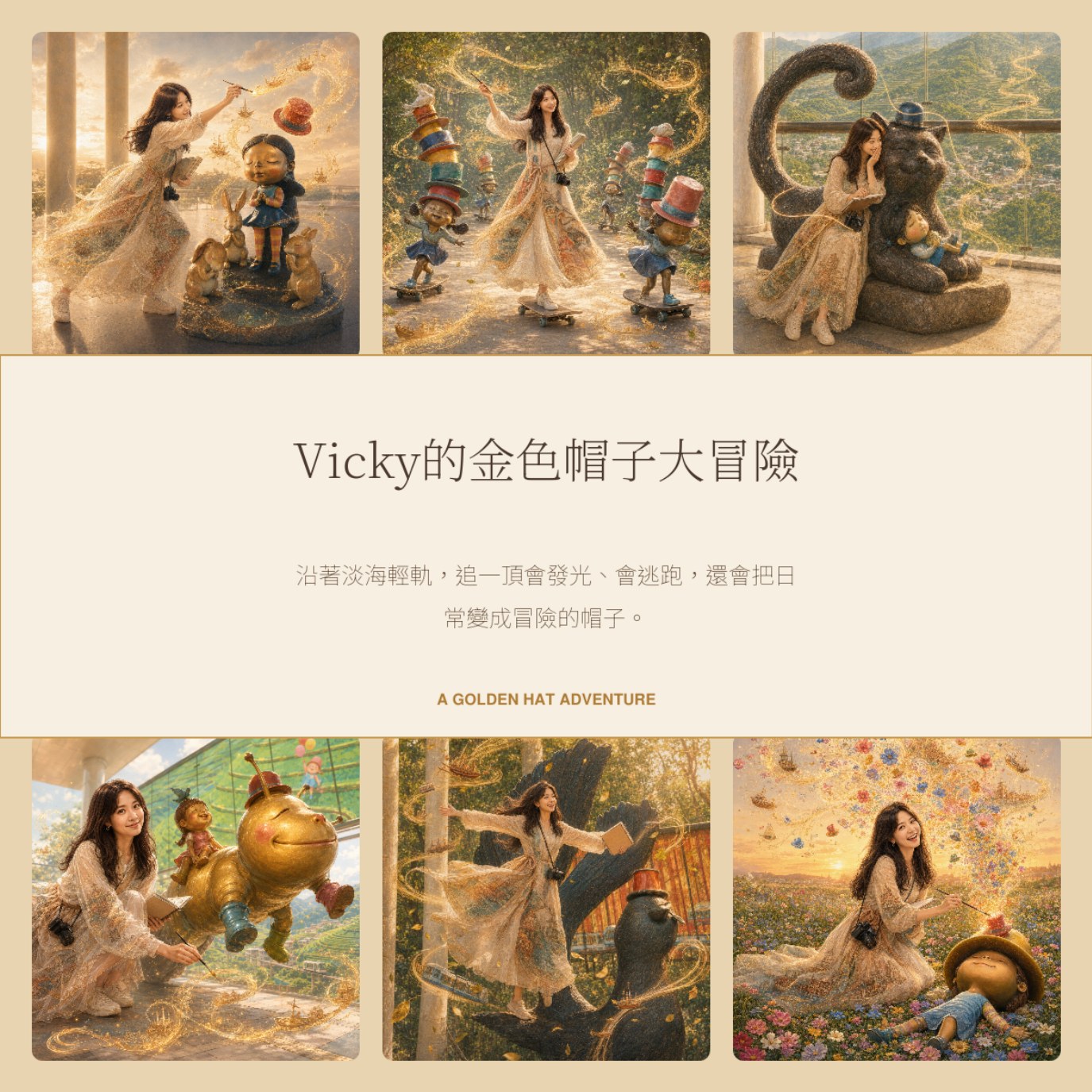 Vicky 的金色帽子大冒險成果繪本封面，收錄淡海輕軌公共藝術延伸的金色故事場景